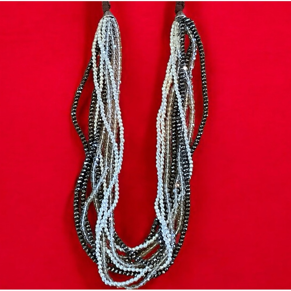 Chico’s  Silver, Pearl, and Black Beaded Multi Strand Long Necklace